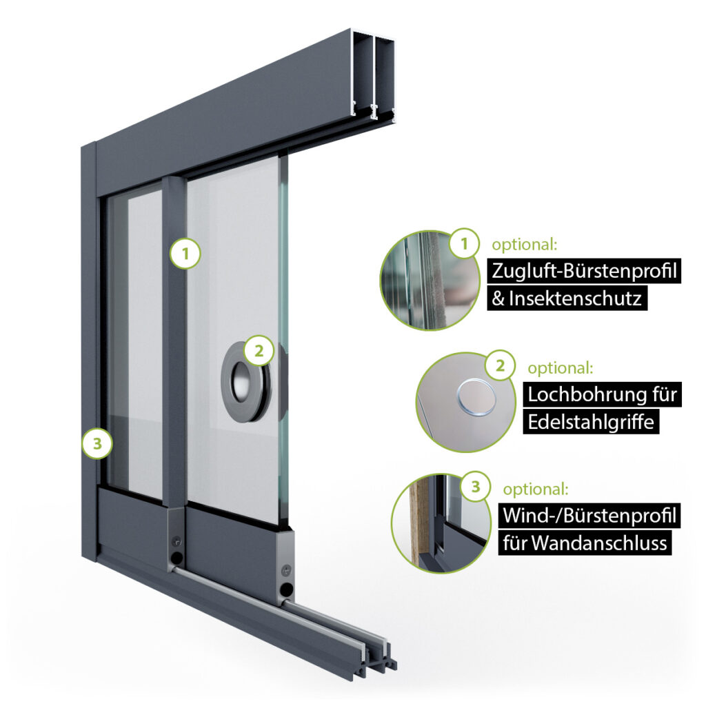 Glasschiebewand Setübersicht mit Zugluft-Bürstenprofil, Griffbohrung, Bürstenprofil zum Seitenabschluss und Bodenprofil 2 spurig in anthrazit/graphitgrau RAL 7024