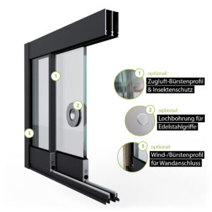 Glasschiebewand Setübersicht mit Zugluft-Bürstenprofil, Griffbohrung, Bürstenprofil zum Seitenabschluss und Bodenprofil 2 spurig in schwarz RAL 9005
