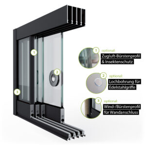 Glasschiebewand Setübersicht mit Zugluft-Bürstenprofil, Griffbohrung, Bürstenprofil zum Seitenabschluss und Bodenprofil 4 spurig in schwarz RAL 9005