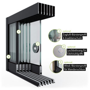 Glasschiebewand Setübersicht mit Zugluft-Bürstenprofil, Griffbohrung, Bürstenprofil zum Seitenabschluss und Bodenprofil 6 spurig in schwarz RAL 9005