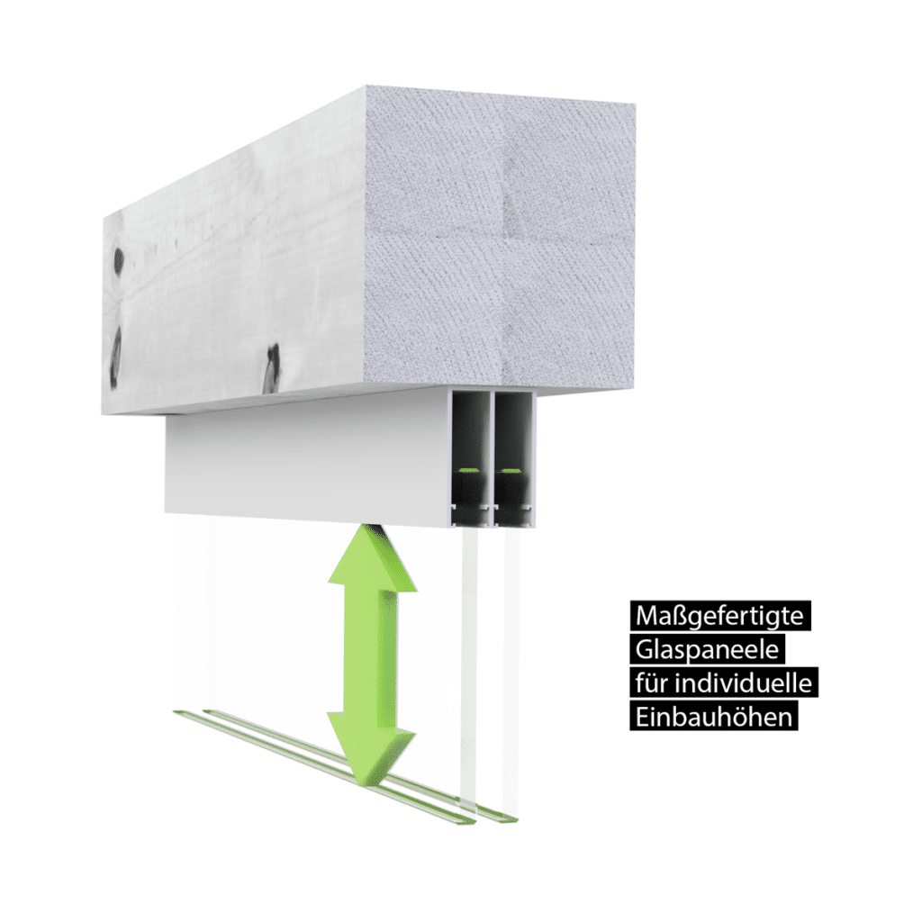 Maßgefertigte Glashöhe Die Umsetzung mit maßgefertigten Gläsern ersetzt zusätzliche Aluprofile und bietet das größte Maß an Freiheit.