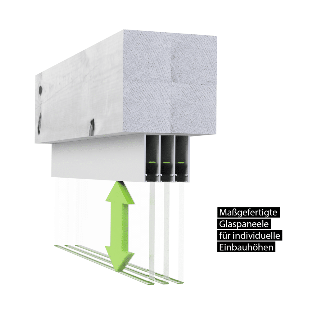 Maßgefertigte Glashöhe Die Umsetzung mit maßgefertigten Gläsern ersetzt zusätzliche Aluprofile und bietet das größte Maß an Freiheit.
