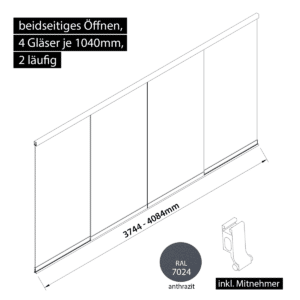 Glasschiebewand 2 läufig 4 Gläser je 1040mm mit Mitnehmern für die Gläser beidseitig öffenbar in anthrazit/graphitgrau RAL 7024