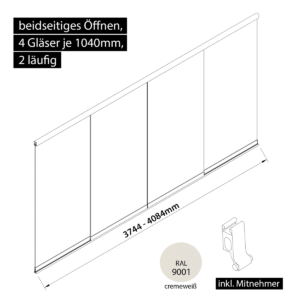 Glasschiebewand 2 läufig 4 Gläser je 1040mm mit Mitnehmern für die Gläser beidseitig öffenbar in cremeweiß RAL 9001