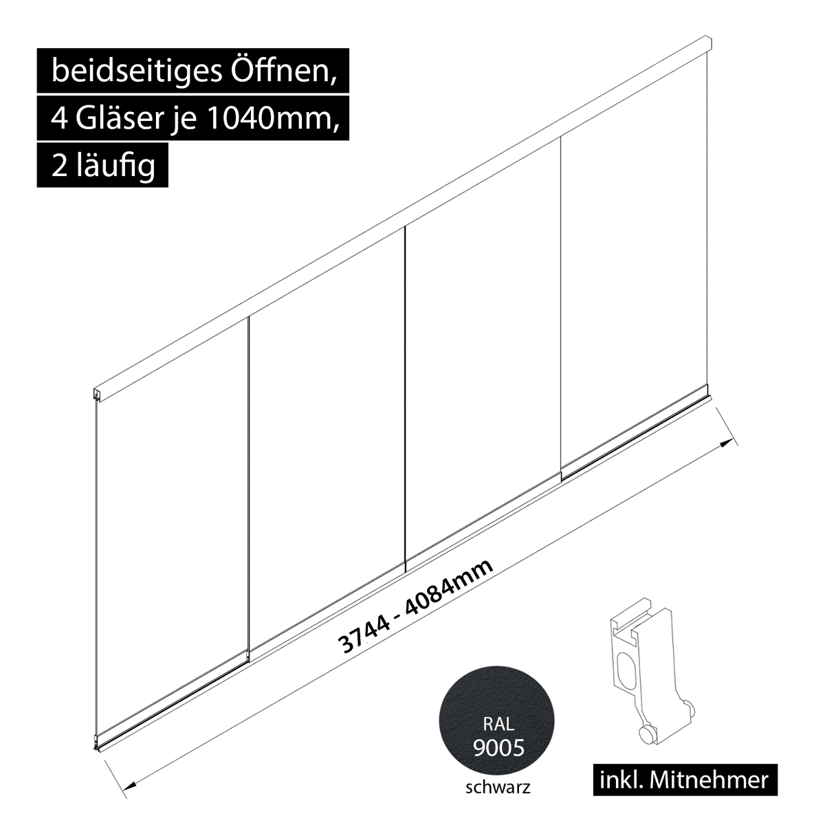 Glasschiebewand 2 läufig 4 Gläser je 1040mm mit Mitnehmern für die Gläser beidseitig öffenbar in schwarz RAL 9005