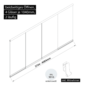 Glasschiebewand 2 läufig 4 Gläser je 1040mm mit Mitnehmern für die Gläser beidseitig öffenbar in verkehrsweiß RAL 9016