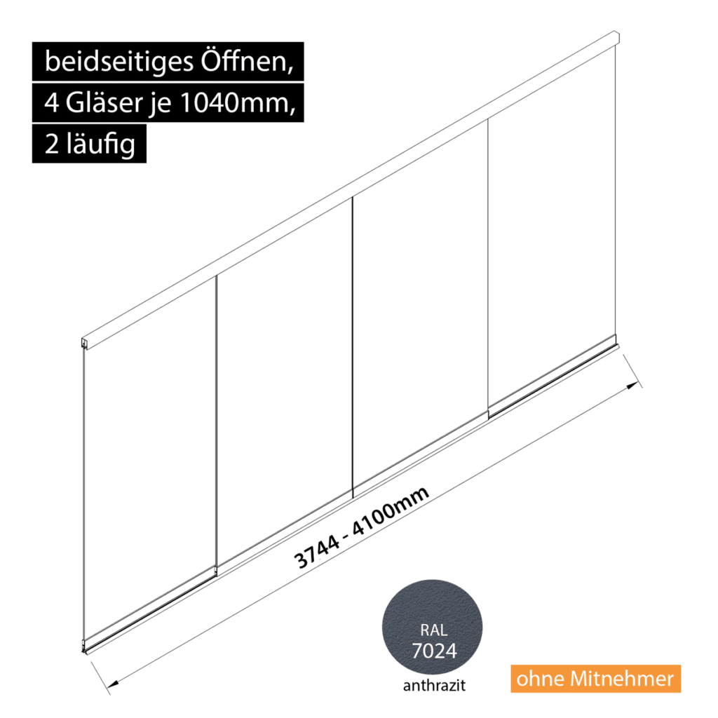 Glasschiebewand 2 läufig 4 Gläser je 1040mm beidseitig öffenbar in anthrazit/graphitgrau RAL 7024