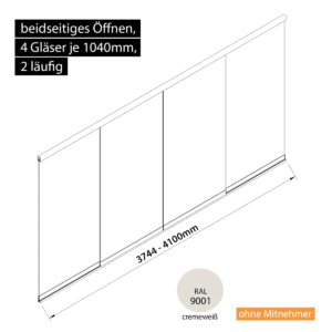 Glasschiebewand 2 läufig 4 Gläser je 1040mm beidseitig öffenbar in cremeweiß RAL 9001