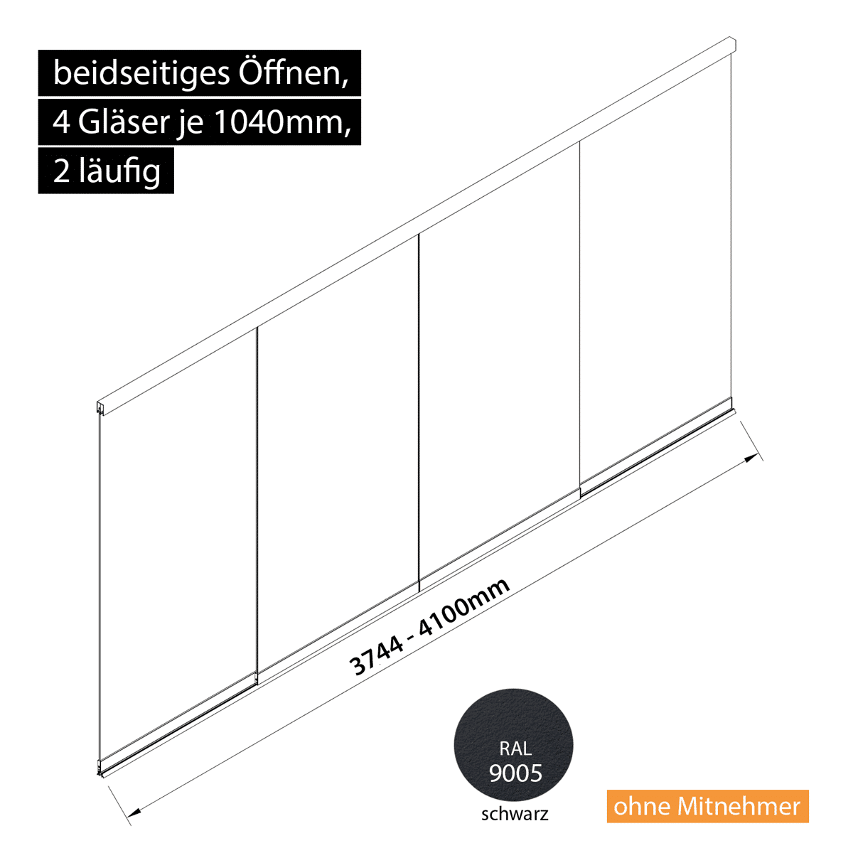 Glasschiebewand 2 läufig 4 Gläser je 1040mm beidseitig öffenbar in schwarz RAL 9005