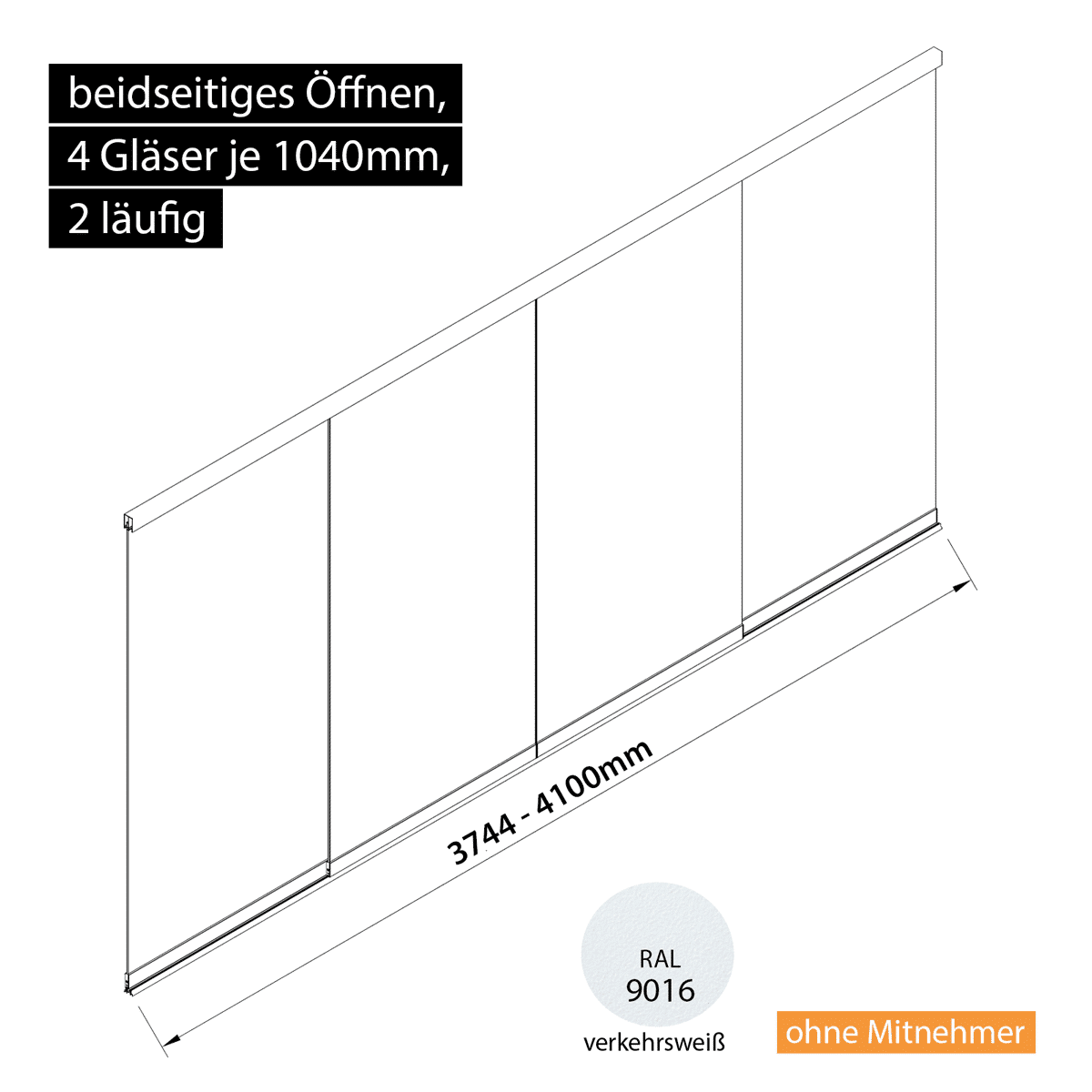 Glasschiebewand 2 läufig 4 Gläser je 1040mm beidseitig öffenbar in verkehrsweiß RAL 9016