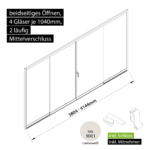 Glasschiebewand versperrbar 2 läufig 4 Gläser je 1040mm mit Mitnehmern für die Gläser und Schloss beidseitig öffenbar in cremeweiß RAL 9001