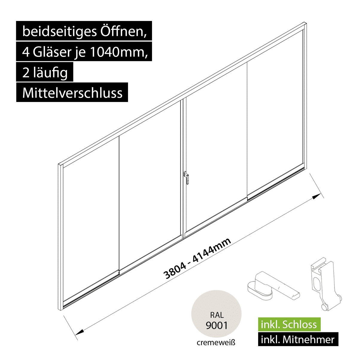 Glasschiebewand versperrbar 2 läufig 4 Gläser je 1040mm mit Mitnehmern für die Gläser und Schloss beidseitig öffenbar in cremeweiß RAL 9001