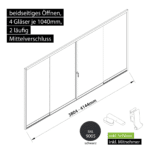 Glasschiebewand versperrbar 2 läufig 4 Gläser je 1040mm mit Mitnehmern für die Gläser und Schloss beidseitig öffenbar in schwarz RAL 9005