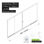 Glasschiebewand versperrbar 2 läufig 4 Gläser je 1040mm mit Mitnehmern für die Gläser und Schloss beidseitig öffenbar in verkehrsweiß RAL 9016