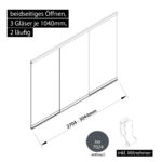 Glasschiebewand 2 läufig 3 Gläser je 1040mm mit Mitnehmern für die Gläser beidseitig öffenbar in anthrazit/graphitgrau RAL 7024