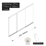 Glasschiebewand 2 läufig 3 Gläser je 1040mm mit Mitnehmern für die Gläser beidseitig öffenbar in cremeweiß RAL 9001