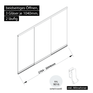 Glasschiebewand 2 läufig 3 Gläser je 1040mm mit Mitnehmern für die Gläser beidseitig öffenbar in verkehrsweiß RAL 9016