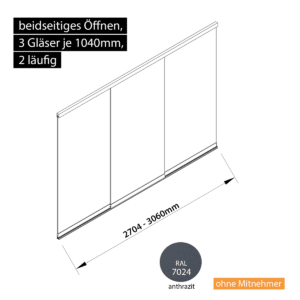 Glasschiebewand 2 läufig 3 Gläser je 1040mm beidseitig öffenbar in anthrazit/graphitgrau RAL 7024