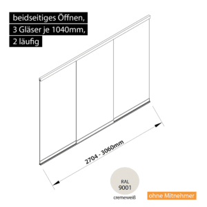 Glasschiebewand 2 läufig 3 Gläser je 1040mm beidseitig öffenbar in cremeweiß RAL 9001