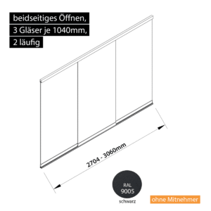 Glasschiebewand 2 läufig 3 Gläser je 1040mm beidseitig öffenbar in schwarz RAL 9005