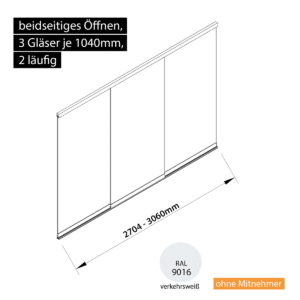 Glasschiebewand 2 läufig 3 Gläser je 1040mm beidseitig öffenbar in verkehrsweiß RAL 9016