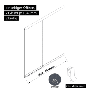 Glasschiebewand 2 läufig 2 Gläser je 1040mm mit Mitnehmern für die Gläser einseitig öffenbar in anthrazit/graphitgrau RAL 7024