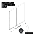 Glasschiebewand 2 läufig 2 Gläser je 1040mm mit Mitnehmern für die Gläser einseitig öffenbar in schwarz RAL 9005