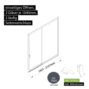 Glasschiebewand versperrbar 2 läufig 2 Gläser je 1040mm mit Mitnehmern für die Gläser und Schloss einseitig öffenbar in anthrazit/graphitgrau RAL 7024