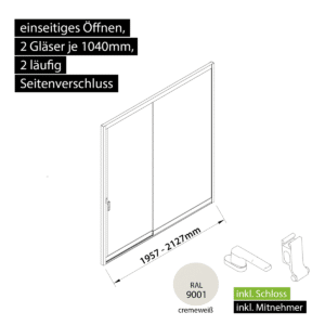 Glasschiebewand versperrbar 2 läufig 2 Gläser je 1040mm mit Mitnehmern für die Gläser und Schloss einseitig öffenbar in cremeweiß RAL 9001