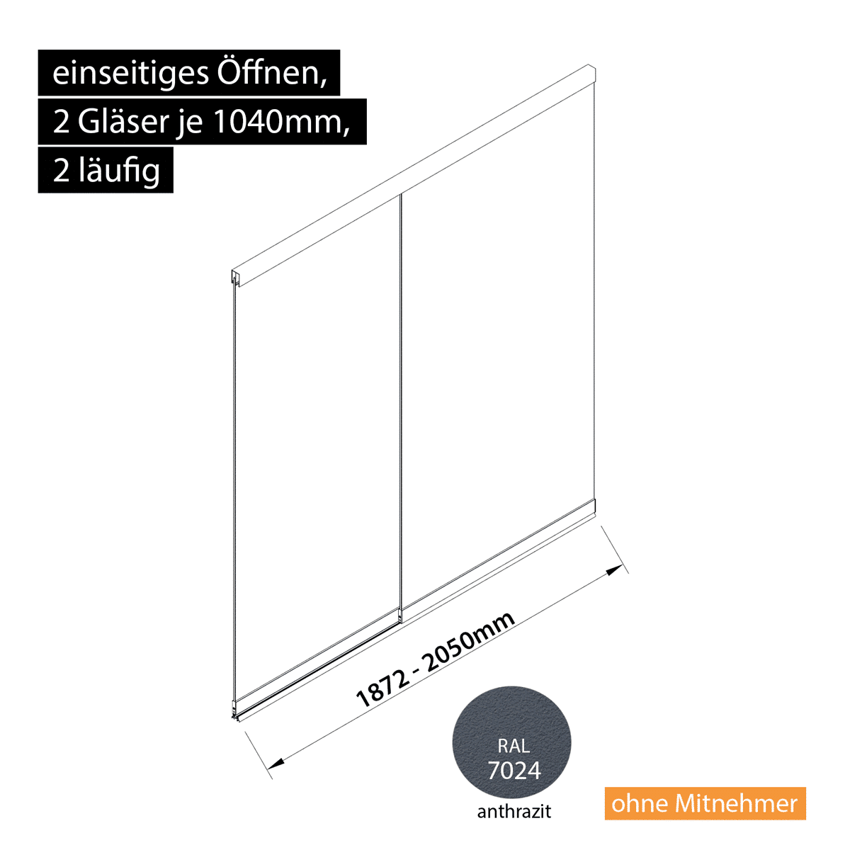 Glasschiebewand 2 läufig 2 Gläser je 1040mm einseitig öffenbar in anthrazit/graphitgrau RAL 7024