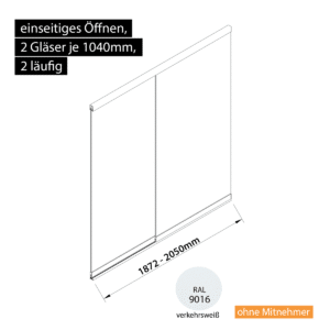 Glasschiebewand 2 läufig 2 Gläser je 1040mm einseitig öffenbar in verkehrsweiß RAL 9016