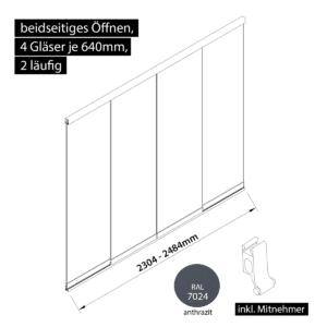 Glasschiebewand 2 läufig 4 Gläser je 640mm mit Mitnehmern für die Gläser beidseitig öffenbar in anthrazit/graphitgrau RAL 7024