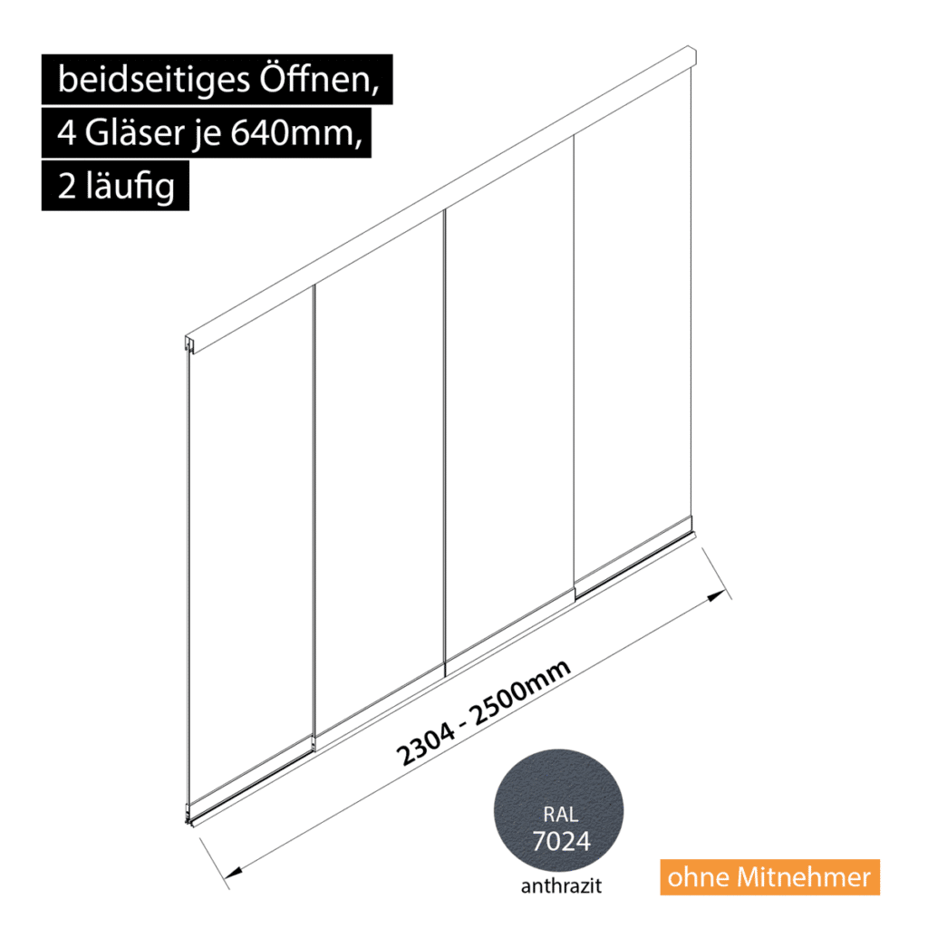 Glasschiebewand 2 läufig 4 Gläser je 640mm beidseitig öffenbar in anthrazit/graphitgrau RAL 7024