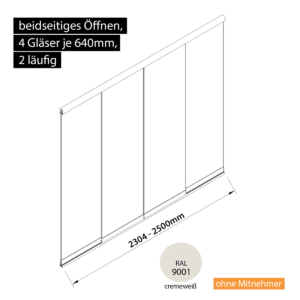 Glasschiebewand 2 läufig 4 Gläser je 640mm beidseitig öffenbar in cremeweiß RAL 9001