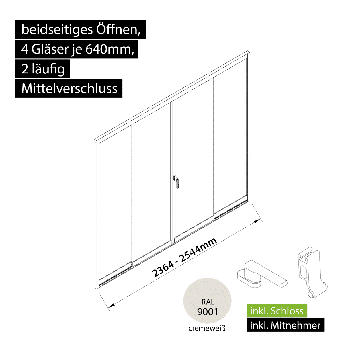 Glasschiebewand versperrbar 2 läufig 4 Gläser je 640mm mit Mitnehmern für die Gläser und Schloss beidseitig öffenbar in cremeweiß RAL 9001