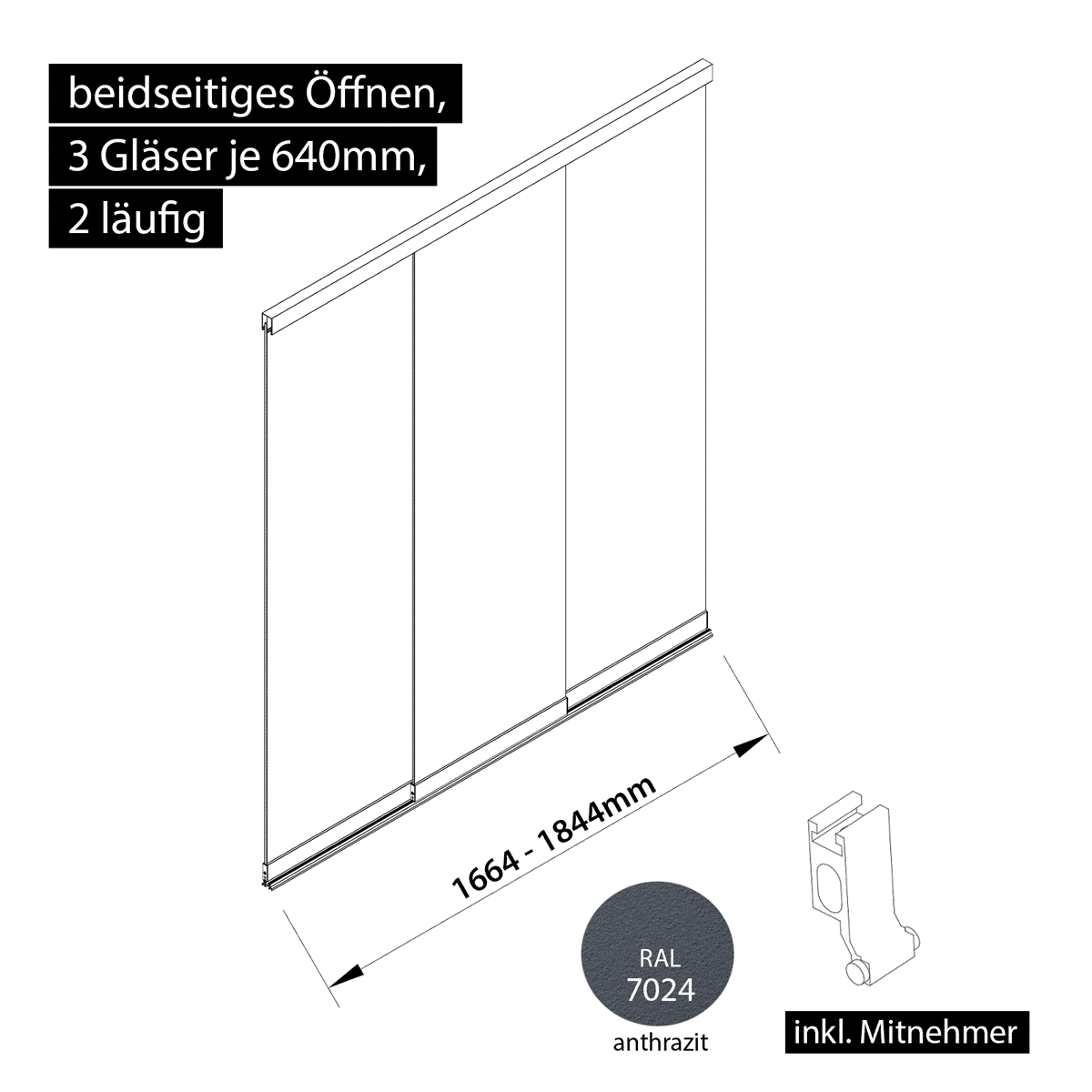 Glasschiebewand 2 läufig 3 Gläser je 640mm mit Mitnehmern für die Gläser beidseitig öffenbar in anthrazit/graphitgrau RAL 7024