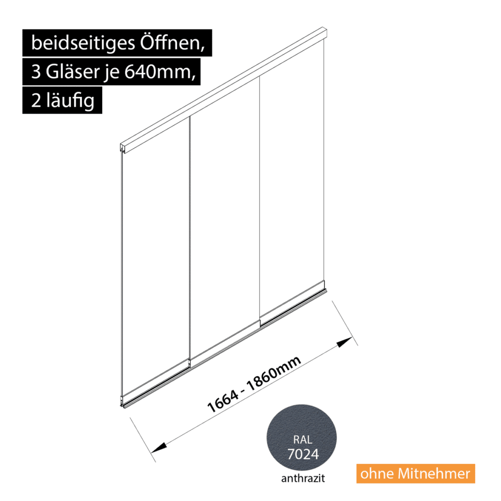 Glasschiebewand 2 läufig 3 Gläser je 640mm beidseitig öffenbar in anthrazit/graphitgrau RAL 7024