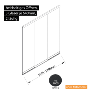 Glasschiebewand 2 läufig 3 Gläser je 640mm beidseitig öffenbar in schwarz RAL 9005