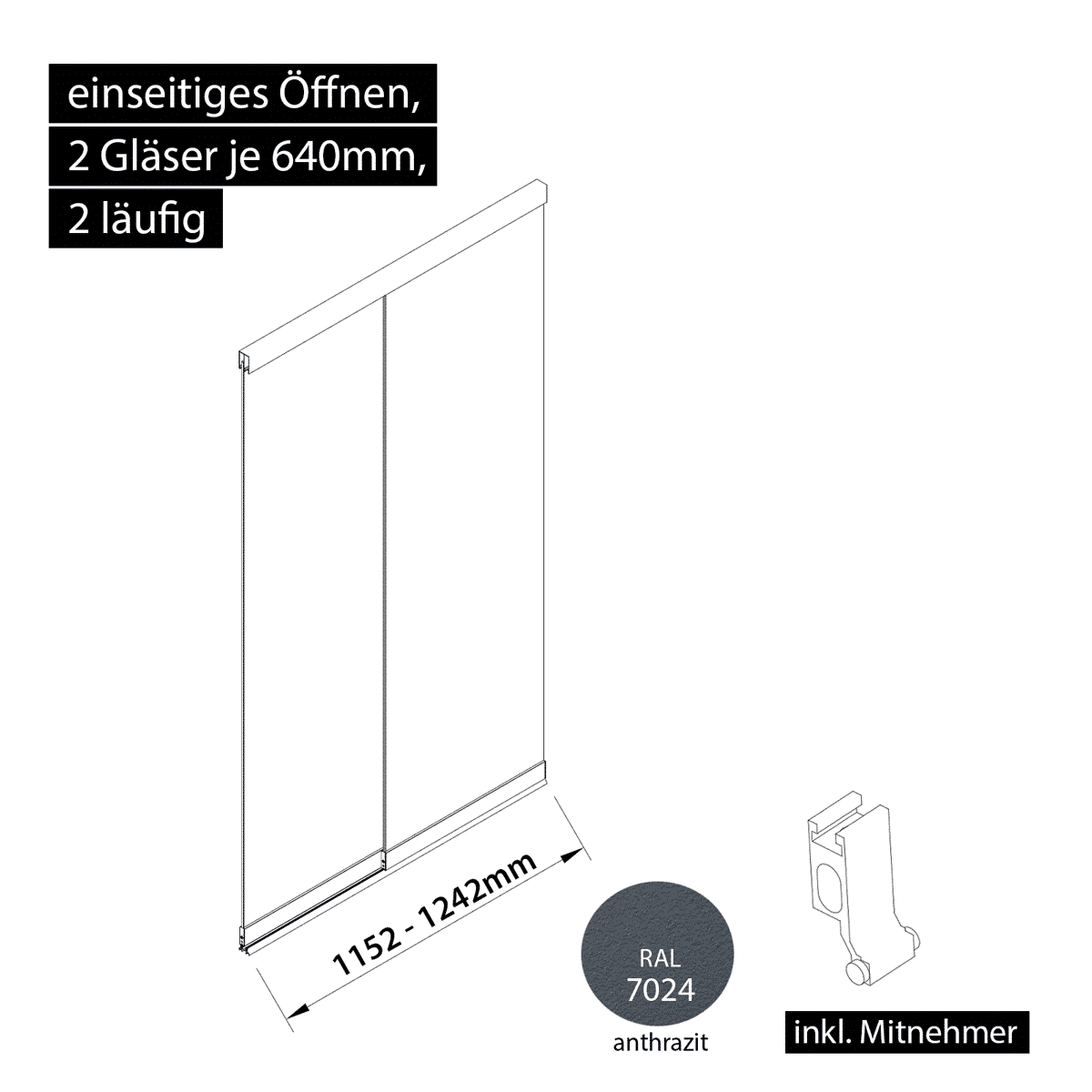 Glasschiebewand 2 läufig 2 Gläser je 640mm mit Mitnehmern für die Gläser einseitig öffenbar in anthrazit/graphitgrau RAL 7024