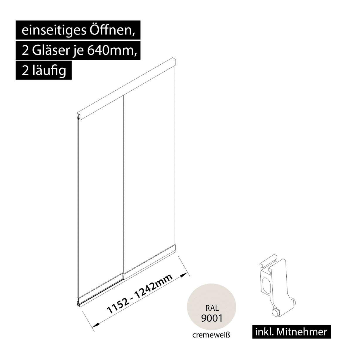 Glasschiebewand 2 läufig 2 Gläser je 640mm mit Mitnehmern für die Gläser einseitig öffenbar in cremeweiß RAL 9001