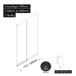 Glasschiebewand 2 läufig 2 Gläser je 640mm mit Mitnehmern für die Gläser einseitig öffenbar in schwarz RAL 9005