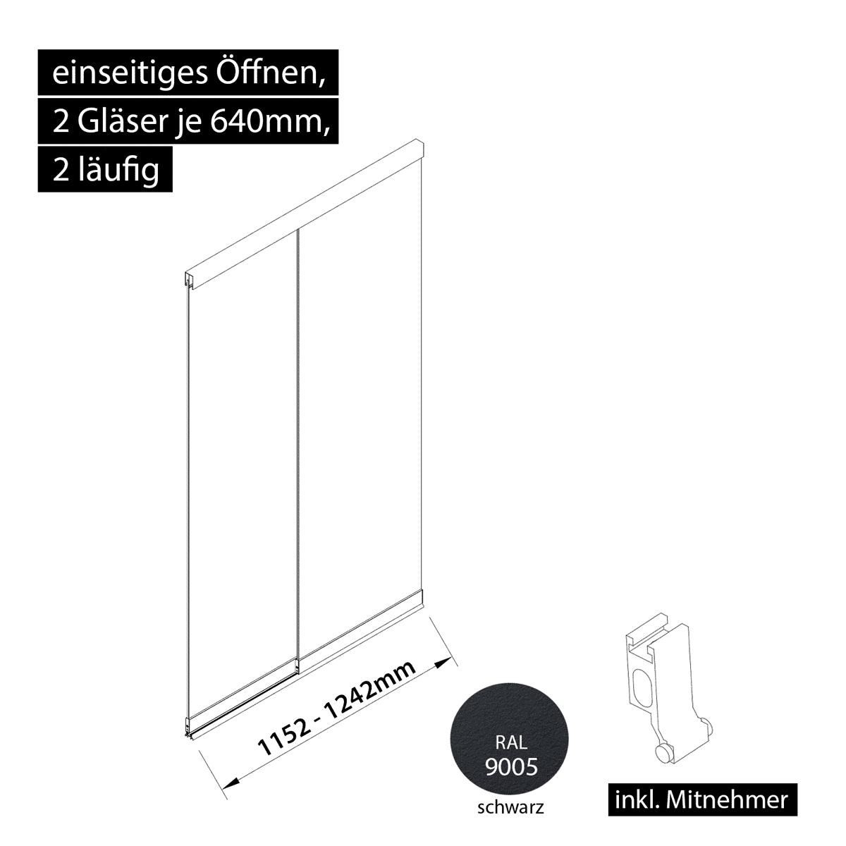 Glasschiebewand 2 läufig 2 Gläser je 640mm mit Mitnehmern für die Gläser einseitig öffenbar in schwarz RAL 9005