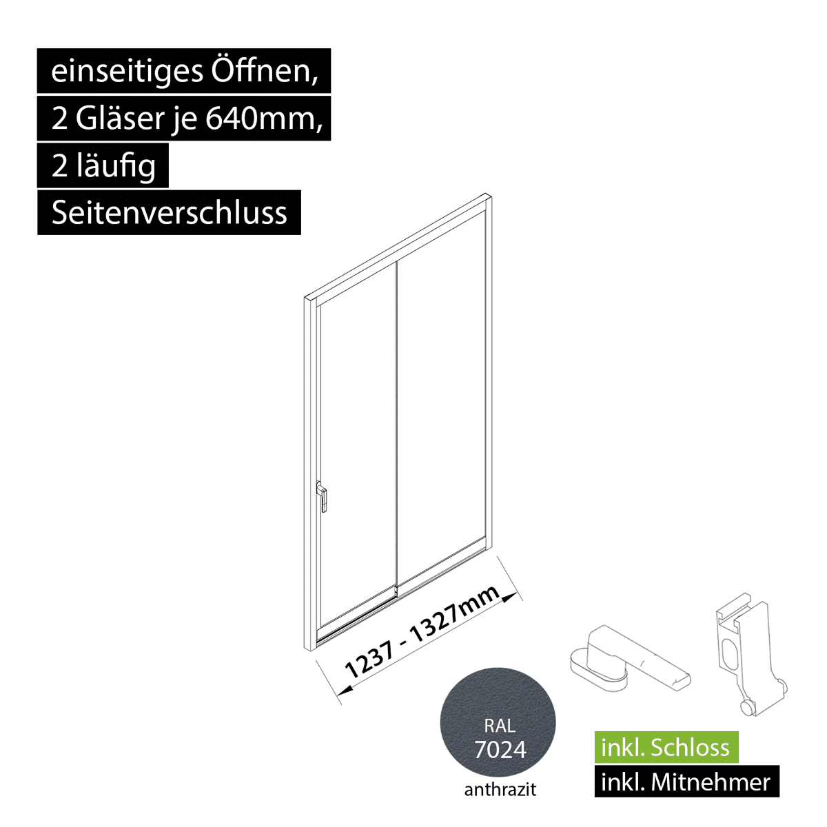 Glasschiebewand versperrbar 2 läufig 2 Gläser je 640mm mit Mitnehmern für die Gläser und Schloss einseitig öffenbar in anthrazit/graphitgrau RAL 7024