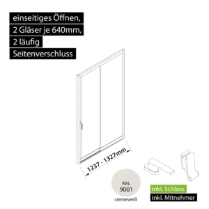 Glasschiebewand versperrbar 2 läufig 2 Gläser je 640mm mit Mitnehmern für die Gläser und Schloss einseitig öffenbar in cremeweiß RAL 9001