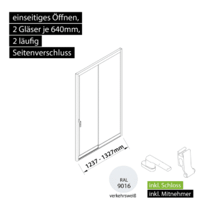 Glasschiebewand versperrbar 2 läufig 2 Gläser je 640mm mit Mitnehmern für die Gläser und Schloss einseitig öffenbar in verkehrsweiß RAL 9016