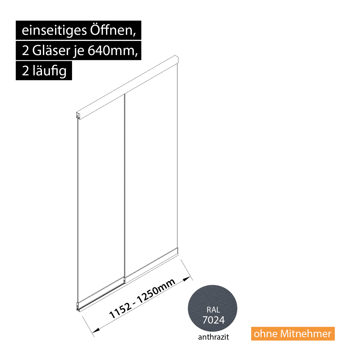 Glasschiebewand 2 läufig 2 Gläser je 640mm einseitig öffenbar in anthrazit/graphitgrau RAL 7024