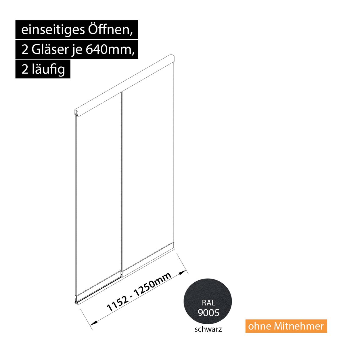 Glasschiebewand 2 läufig 2 Gläser je 640mm einseitig öffenbar in schwarz RAL 9005