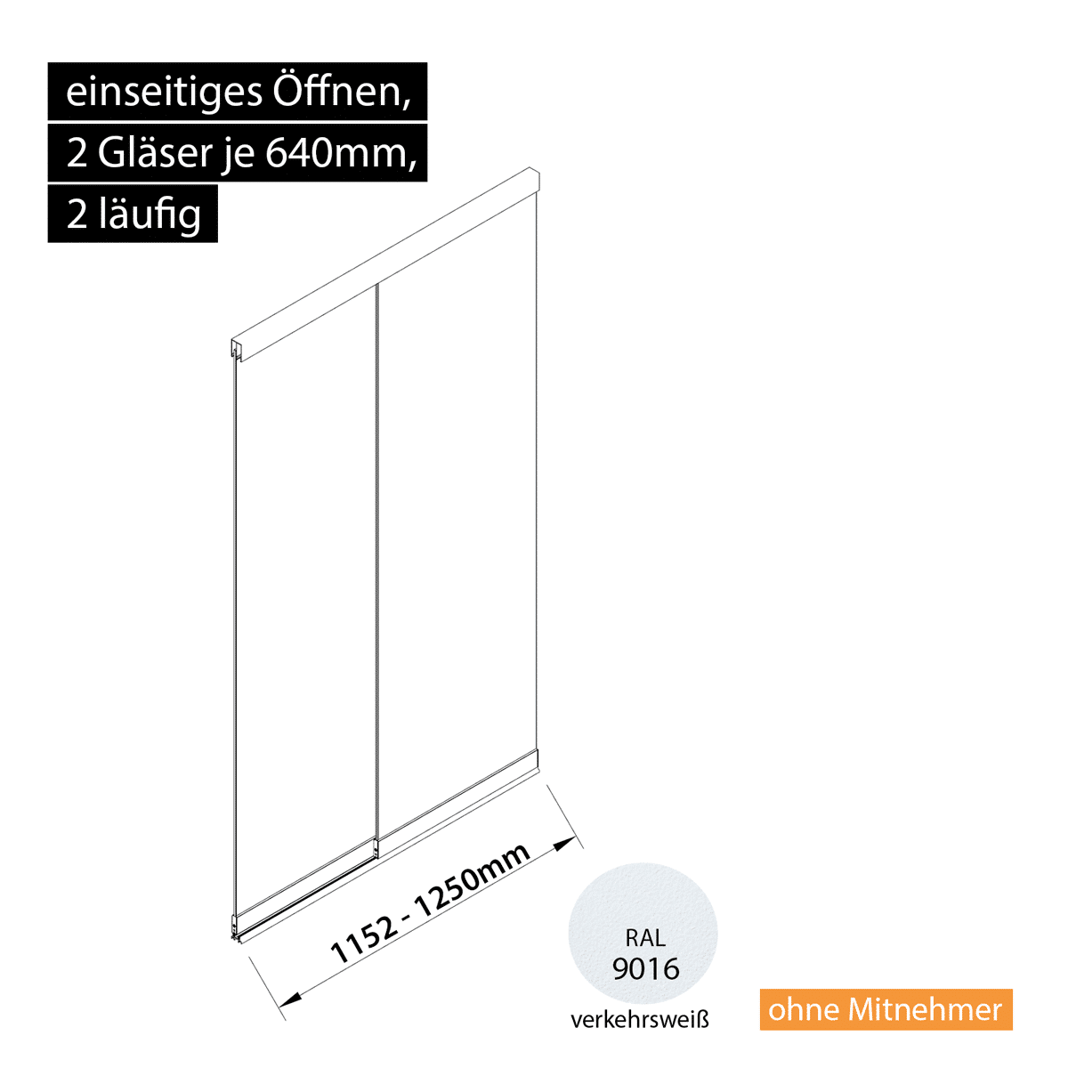 Glasschiebewand 2 läufig 2 Gläser je 640mm einseitig öffenbar in verkehrsweiß RAL 9016