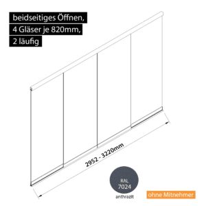 Glasschiebewand 2 läufig 4 Gläser je 820mm beidseitig öffenbar in anthrazit/graphitgrau RAL 7024