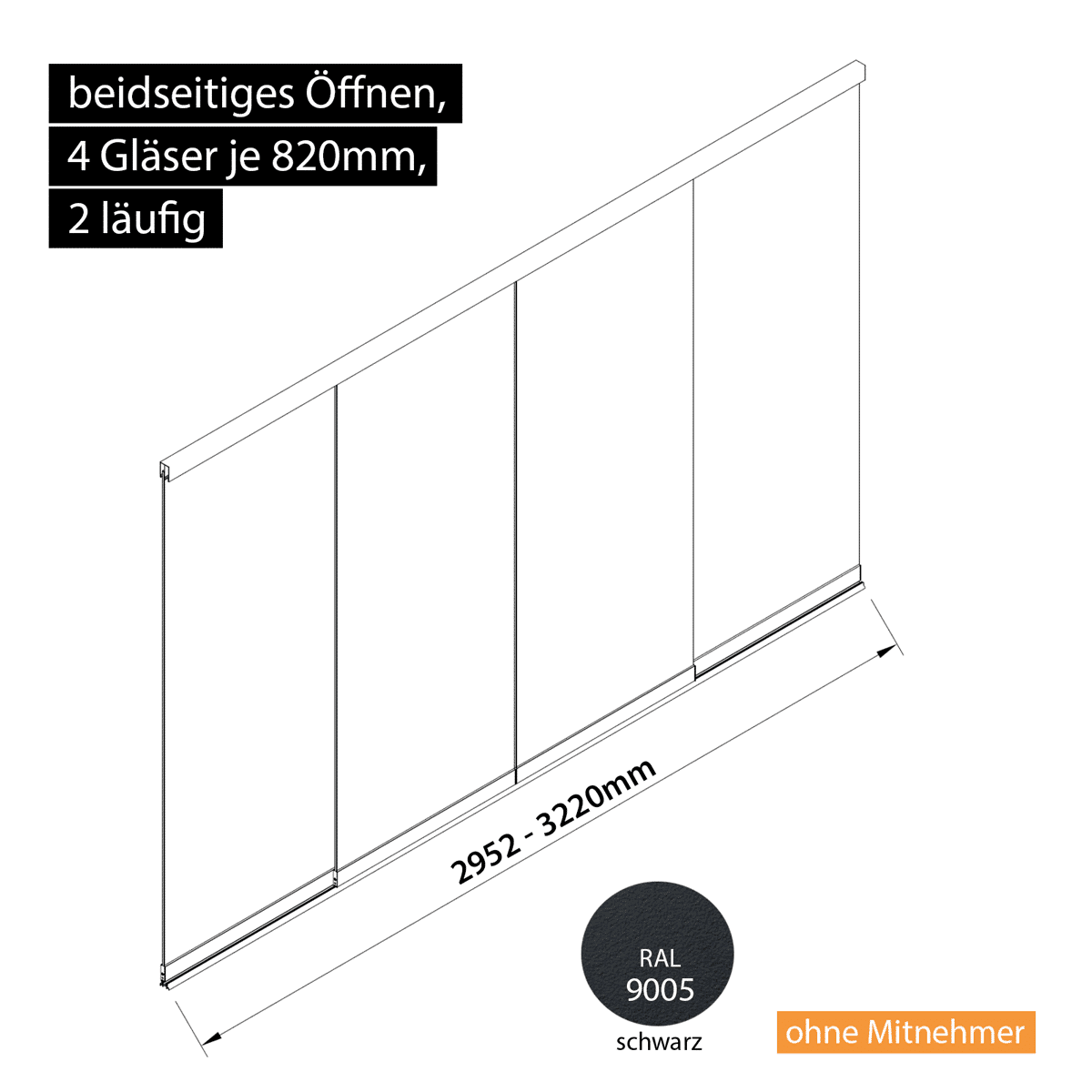 Glasschiebewand 2 läufig 4 Gläser je 820mm beidseitig öffenbar in schwarz RAL 9005